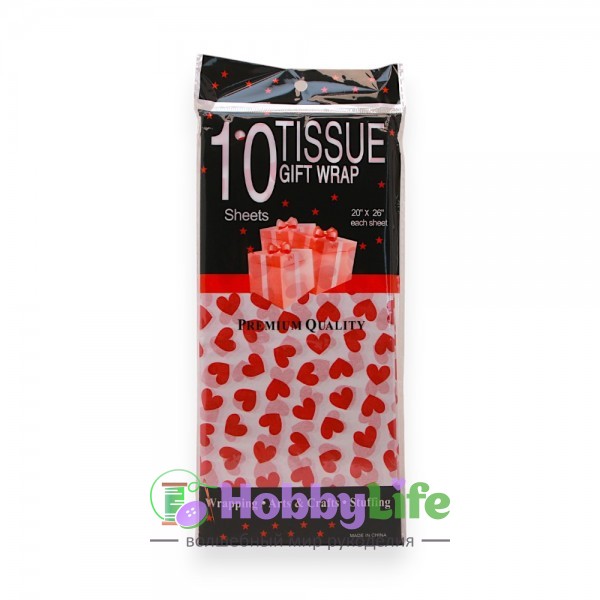 Бумага тишью 50*66 см "Сердечки" (10 листов), белый/красный