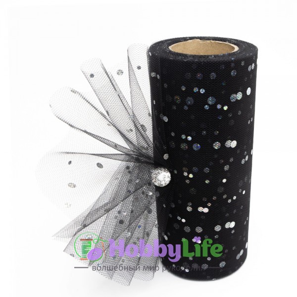 Фатин с пайетками "Горох" 15 см (1 м), черный №12