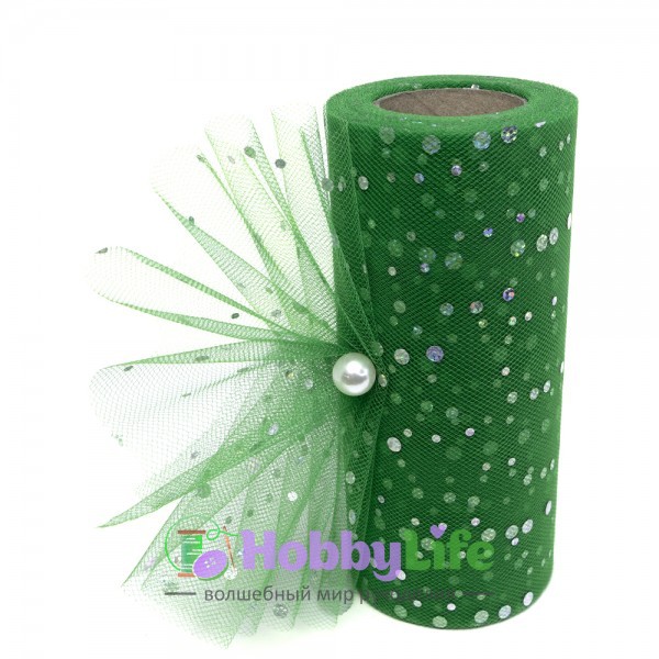 Фатин с пайетками "Горох" 15 см (1 м), зеленый №48