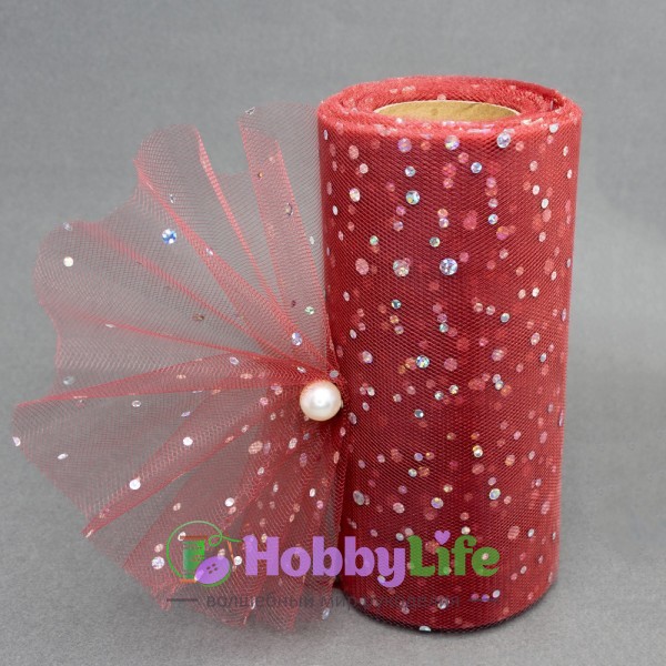 Фатин с пайетками "Горох" 15 см (1 м), бордовый №22