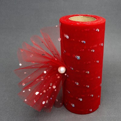 Фатин с пайетками "Горох" 15 см (1 м), красный №37