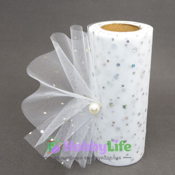Фатин с пайетками "Горох" 15 см (1 м), белый №2