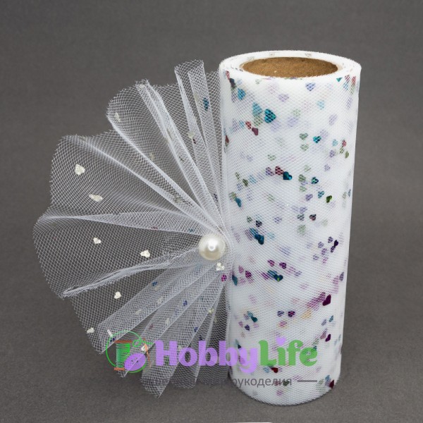 Фатин с пайетками "Сердечки" 15 см, белый