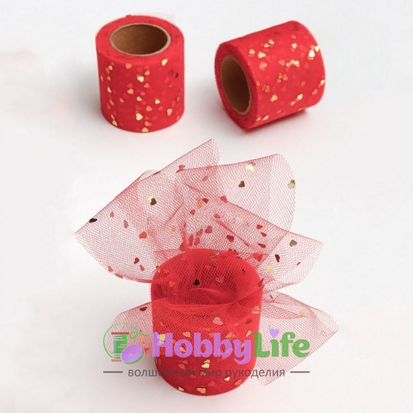 Фатин "Сердечки" 5,5 см (1 м), красный/золото