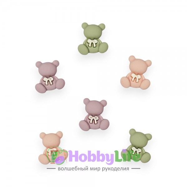 Кабошон "Мишка" 2,2*2,5 см (набор 6 шт), ассорти №6