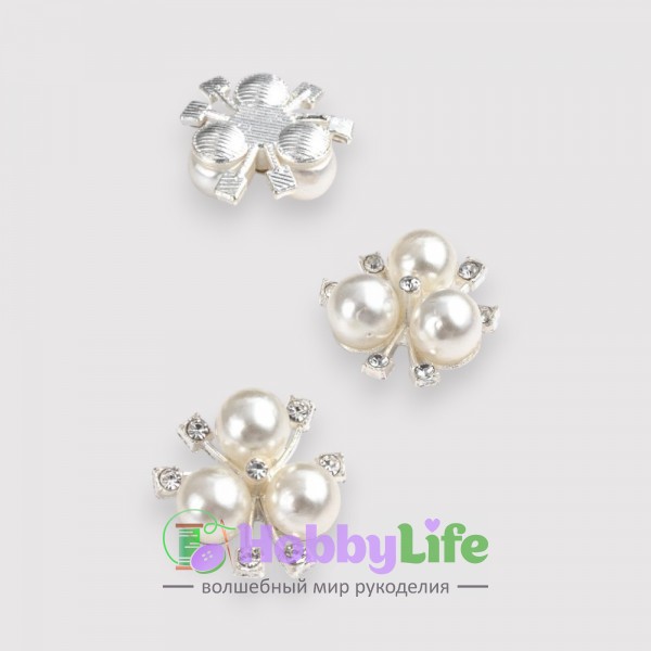 Кабошон флоризель металл "Цветочек" 2 см (1 шт), белый/серебро