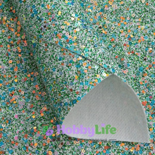 Кожзам "Блестки и пайетки" 20*30 см (1 лист), зеленый/белый №15