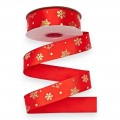 Лента атласная 2,5 см*18 м "Снежинки", красный/золото №026