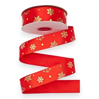 Лента атласная 2,5 см*18 м "Снежинки", красный/золото №026