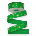 Лента атласная 2,5 см*18 м "Снежинки", зеленый/золото №076