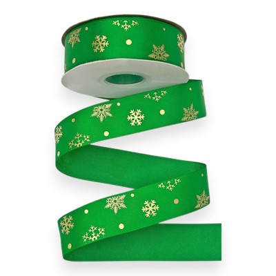 Лента атласная 2,5 см*18 м "Снежинки", зеленый/золото №076