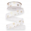 Лента атласная 2,5 см*18 м "Снежинки", белый/золото №01
