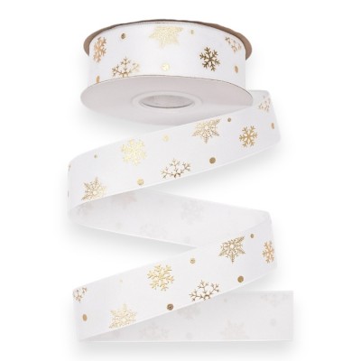 Лента атласная 2,5 см*18 м "Снежинки", белый/золото №01