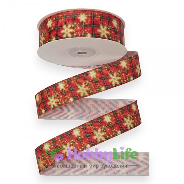 Лента репсовая 2,5 см (1 м) с рисунком "Новогодняя", №1
