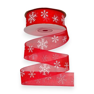 Лента органза 2,5 см*23 м "Снежинки", красный №1026