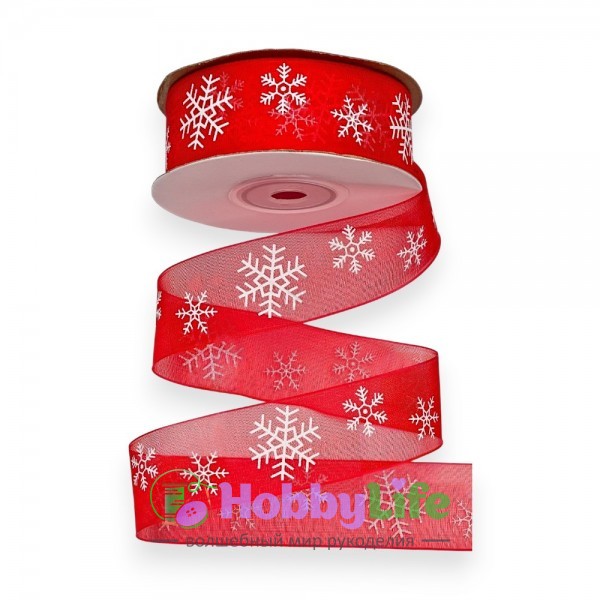 Лента органза 2,5 см*23 м "Снежинки", красный №1026
