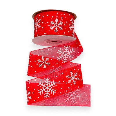 Лента органза 4 см*23 м "Снежинки", красный №1026
