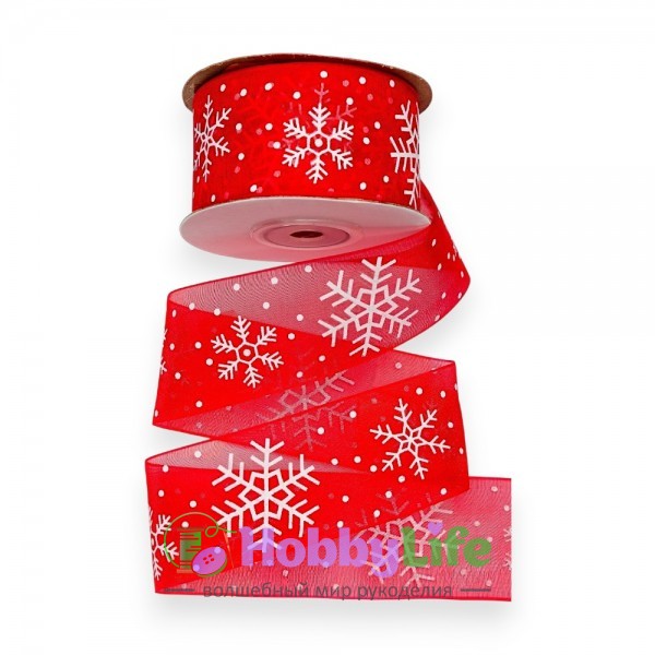 Лента органза 4 см*23 м "Снежинки", красный №1026