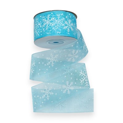 Лента органза 4 см*23 м "Снежинки", голубой №1093