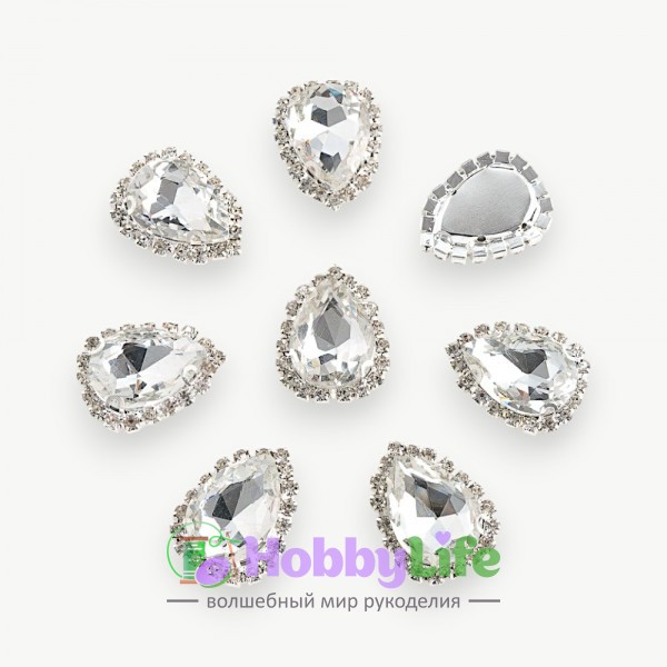Стразы пришивные в серебряной оправе 17*23 мм "Капля" (1 шт), серебро