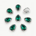 Стразы пришивные в серебряной оправе 17*23 мм "Капля" (1 шт), изумрудный