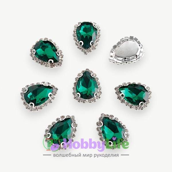 Стразы пришивные в серебряной оправе 17*23 мм "Капля" (1 шт), изумрудный