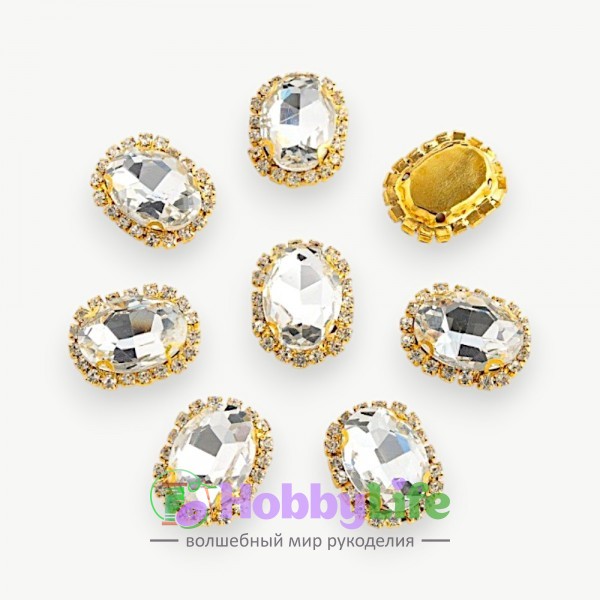 Стразы пришивные в золотой оправе 17*22 мм "Овал" (1 шт), серебро