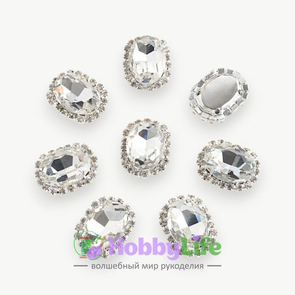 Стразы пришивные в серебряной оправе 17*22 мм "Овал" (1 шт), серебро