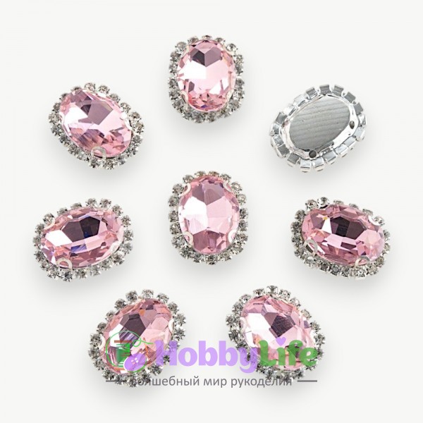 Стразы пришивные в серебряной оправе 17*22 мм "Овал" (1 шт), светло-розовый