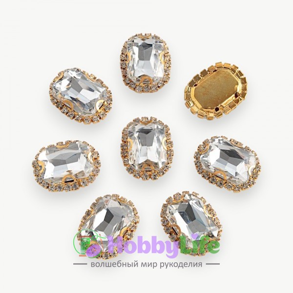 Стразы пришивные в золотой оправе 18*24 мм "Прямоугольник" (1 шт), серебро