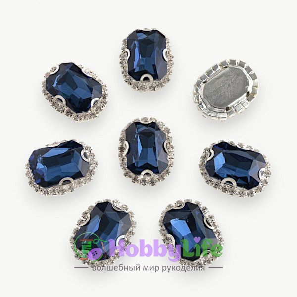 Стразы пришивные в серебряной оправе 18*24 мм "Прямоугольник" (1 шт), темно-синий