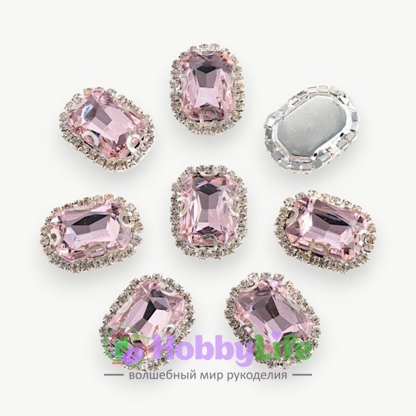 Стразы пришивные в серебряной оправе 18*24 мм "Прямоугольник" (1 шт), светло-розовый
